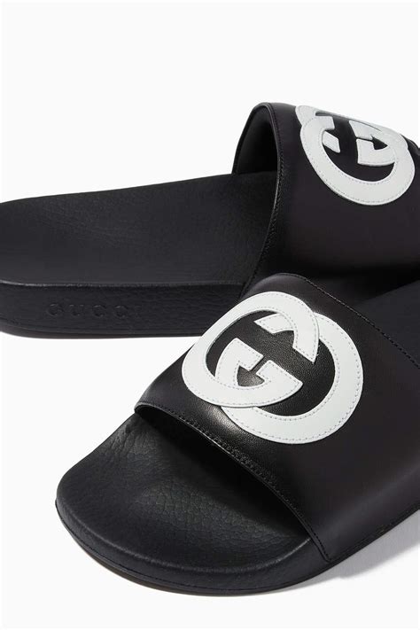 blak gucci slides men outfit|men Gucci interlocking slides.